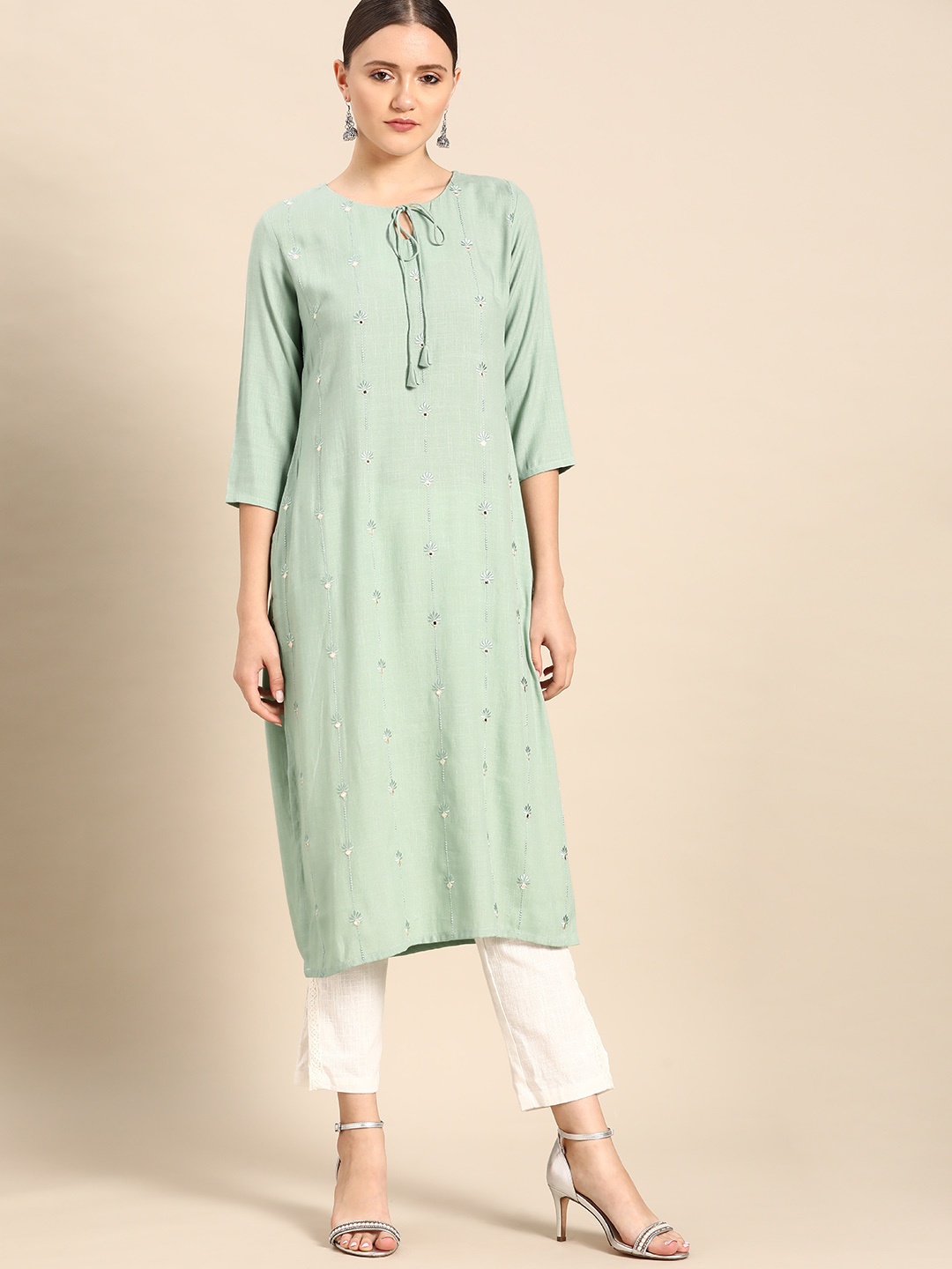 

Anouk Women Green Ethnic Motifs Embroidered Mirror Work Straight Kurta