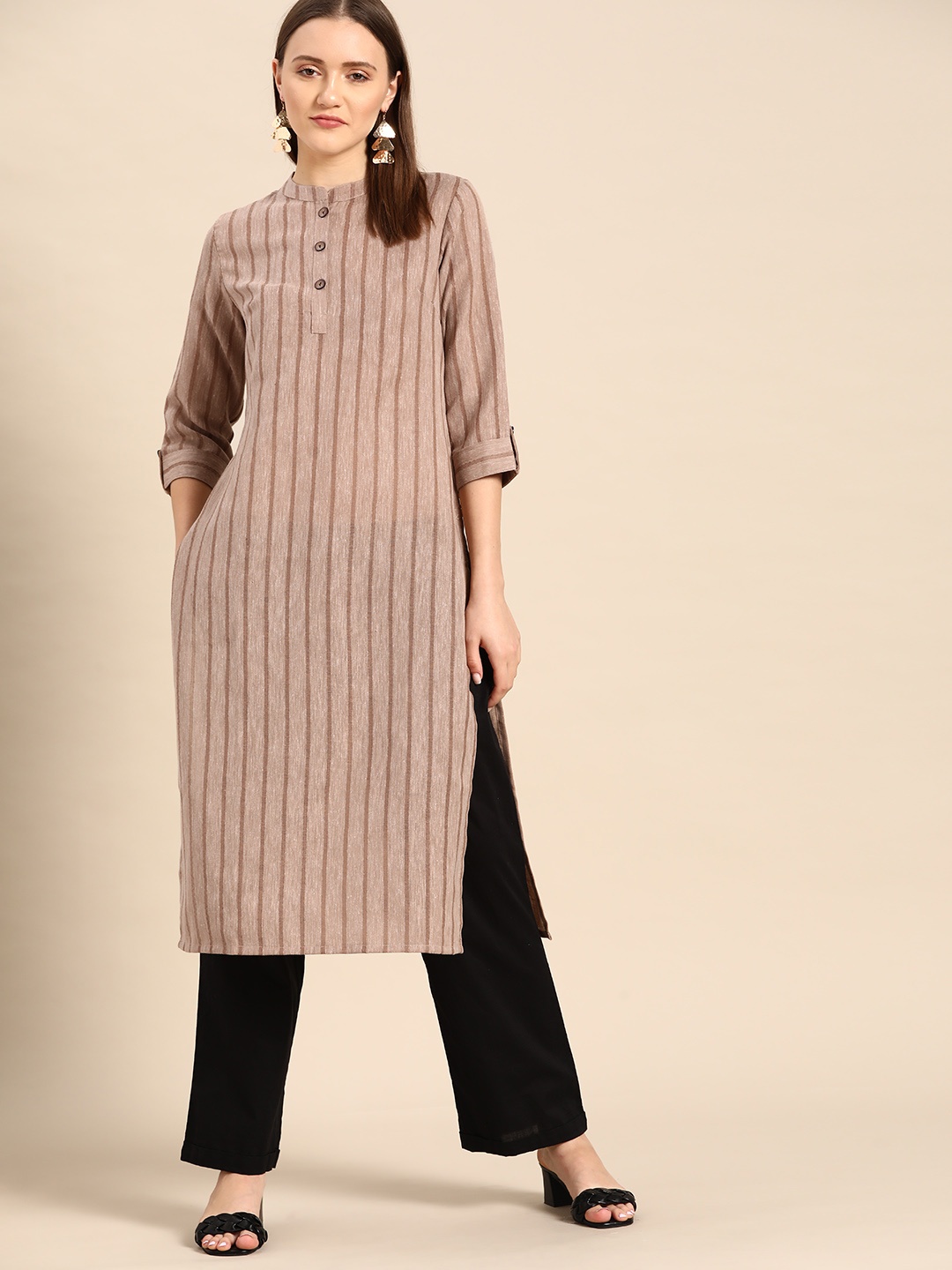 

Anouk Women Beige Striped Straight Kurta