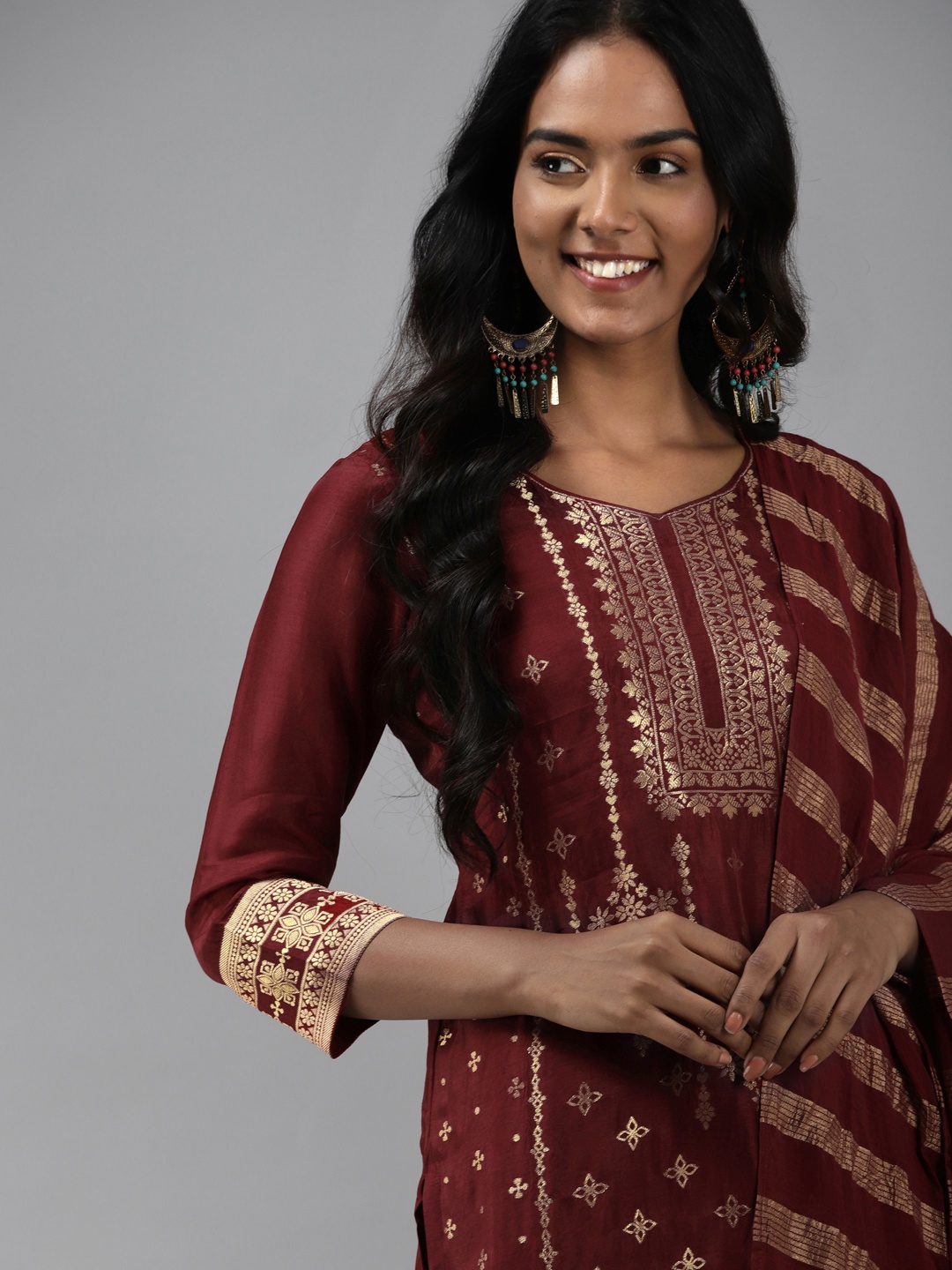

Indo Era Women Maroon Woven Design Regular Kurta with Trousers & Dupatta