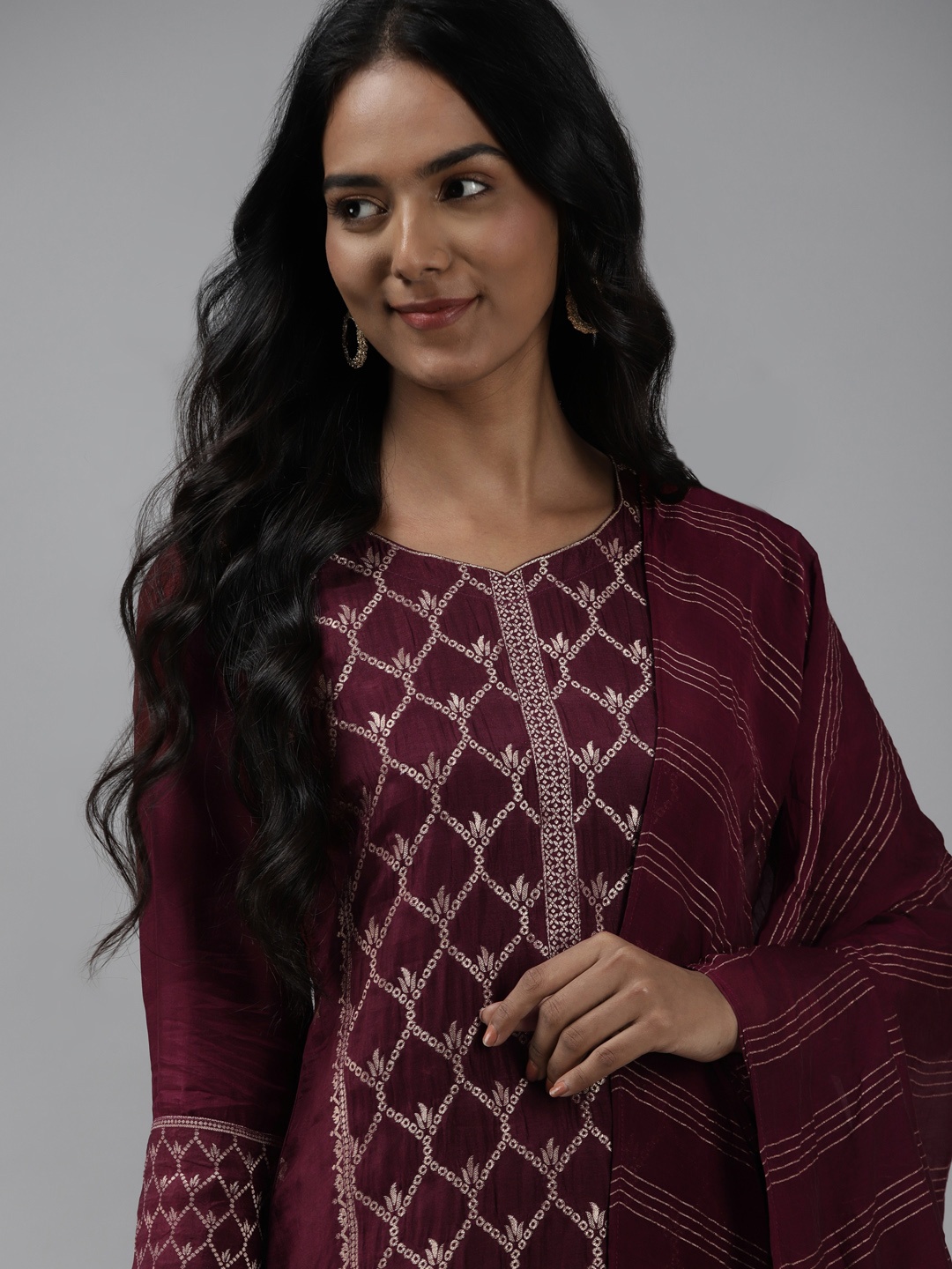 

Indo Era Women Purple & Golden Ethnic Woven Design Kurta with Trousers & Dupatta