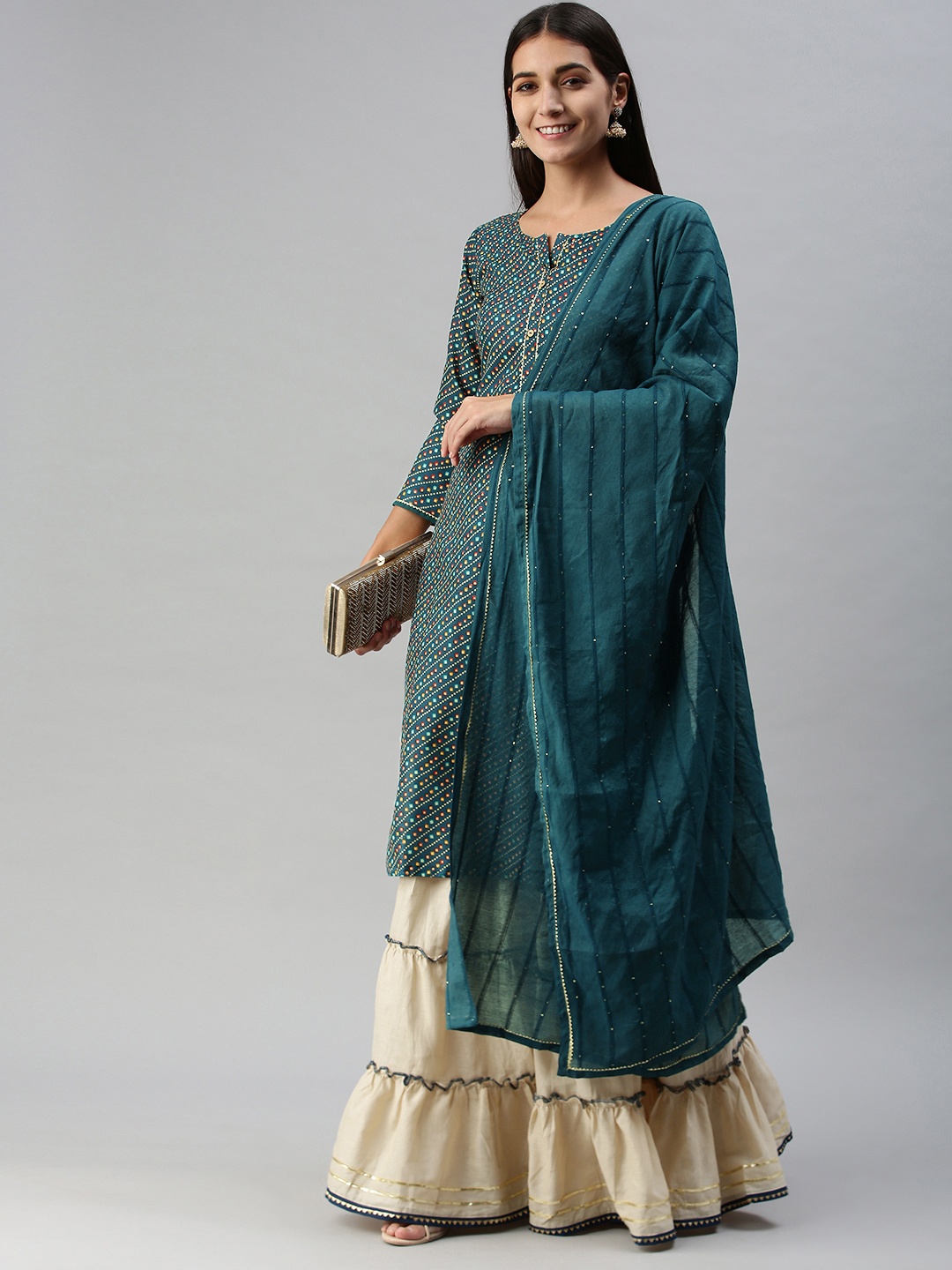 

SheWill Women Teal Bandhani Printed Regular Gotta Patti Kurta with Sharara & With Dupatta