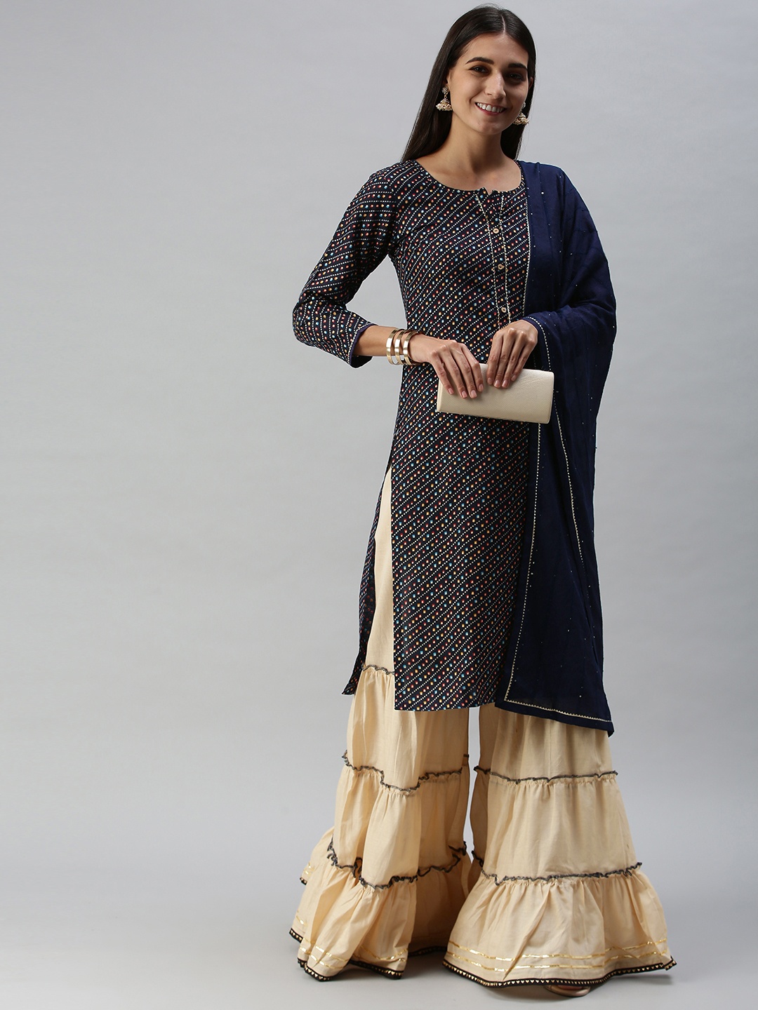 

SheWill Women Navy Blue Bandhani Printed Regular Gotta Patti Kurta with Sharara & With Dupatta