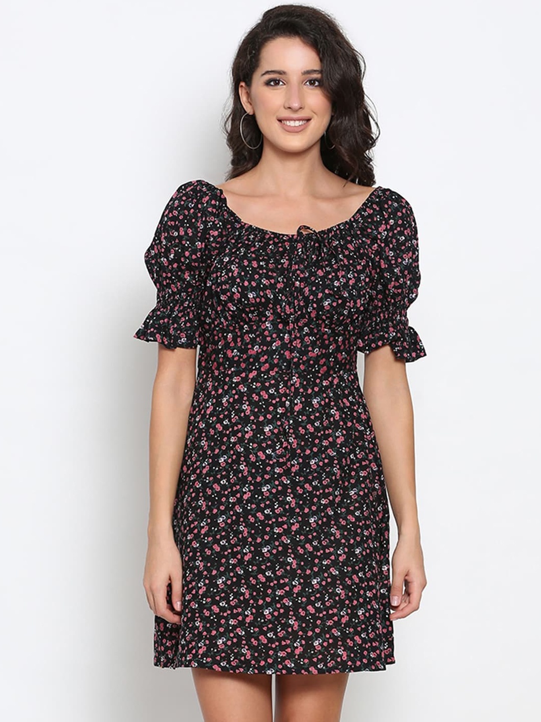 

MARC LOUIS Black Floral Cotton A-Line Dress