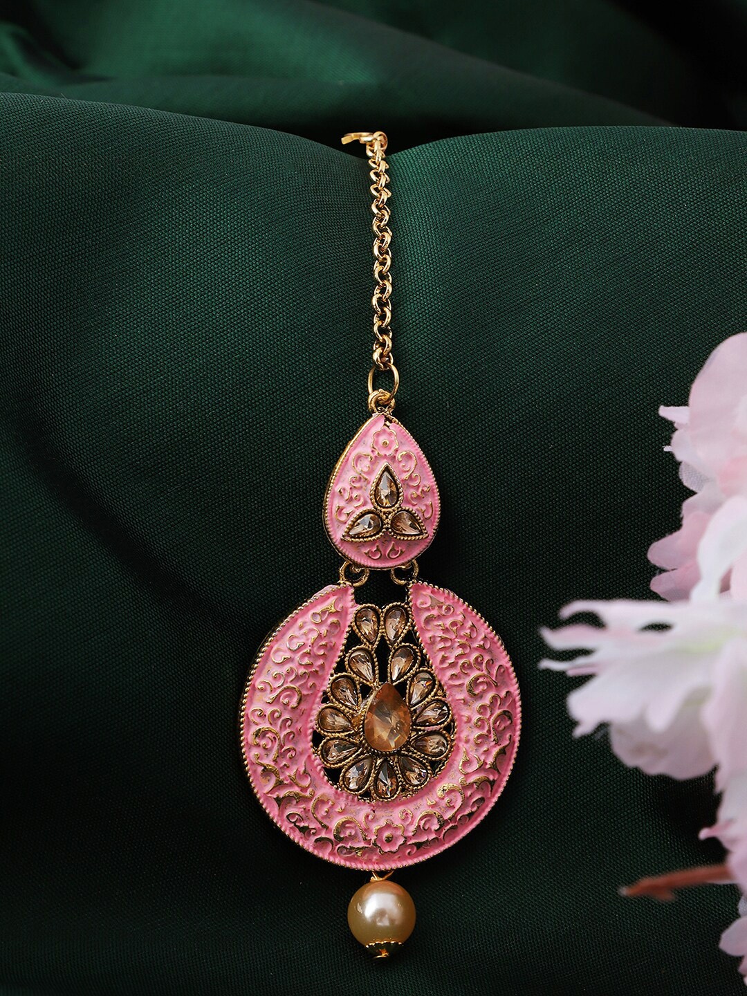 

ANIKAS CREATION Gold-Plated Pink Stone-Studded & Beaded Enamelled Maang Tikka