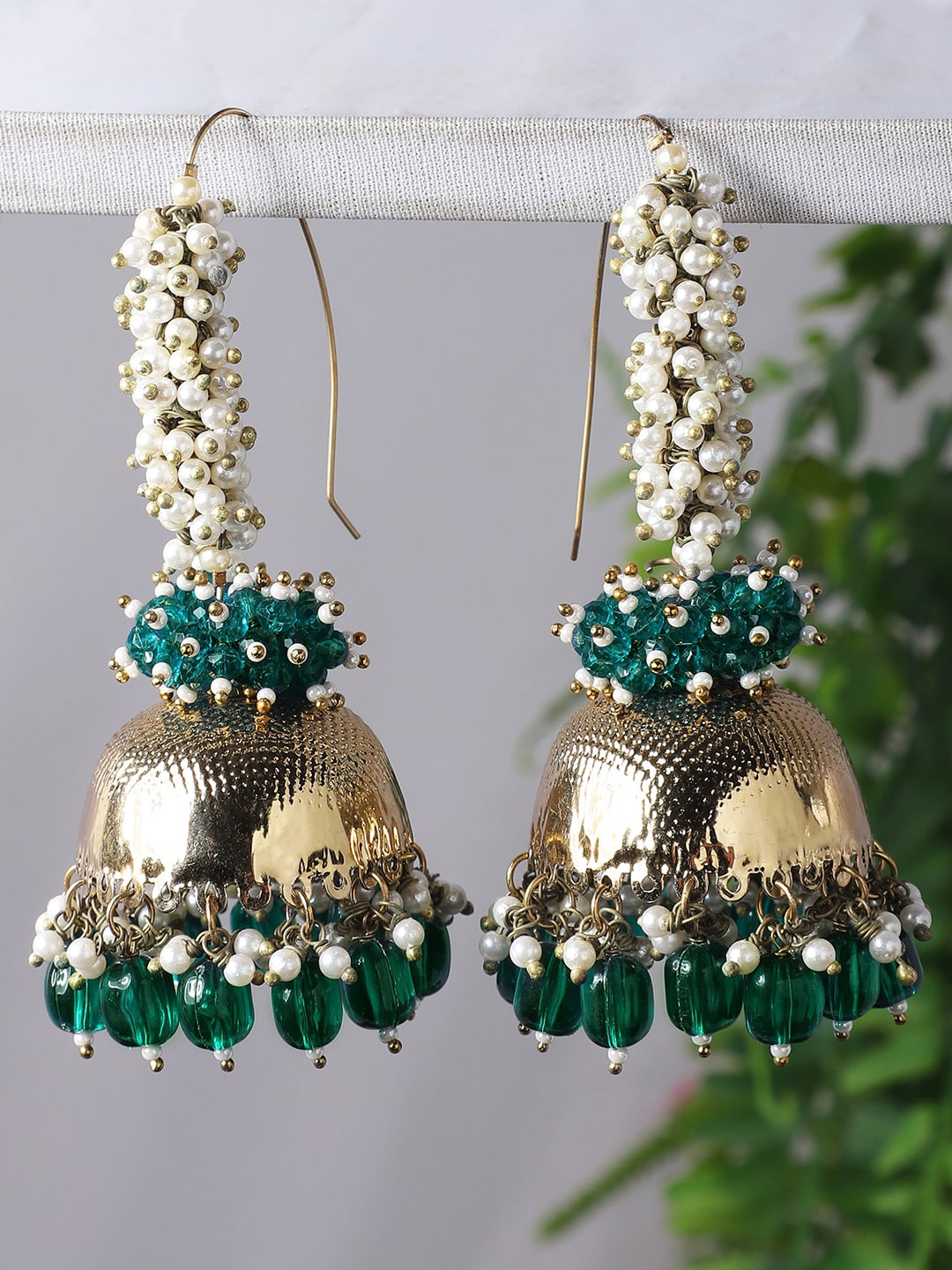 

ANIKAS CREATION Green & White Dome Shaped Jhumkas Earrings