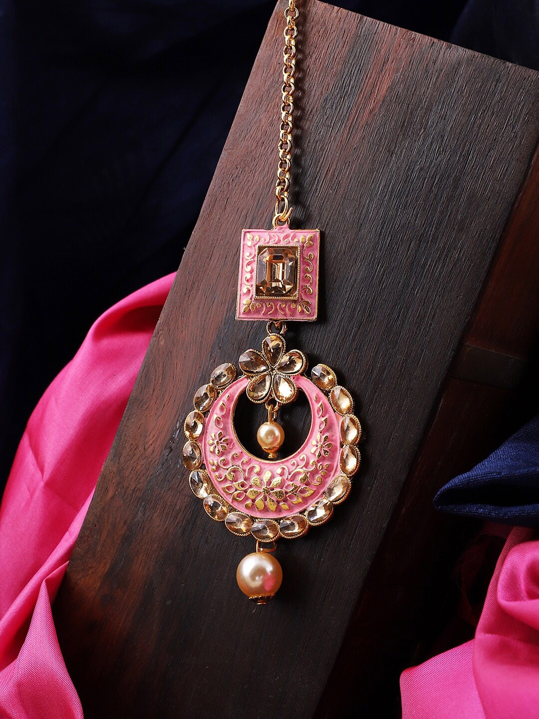 

ANIKAS CREATION Women Pink Gold-Plated Enamelled Meenakari Maang Tika