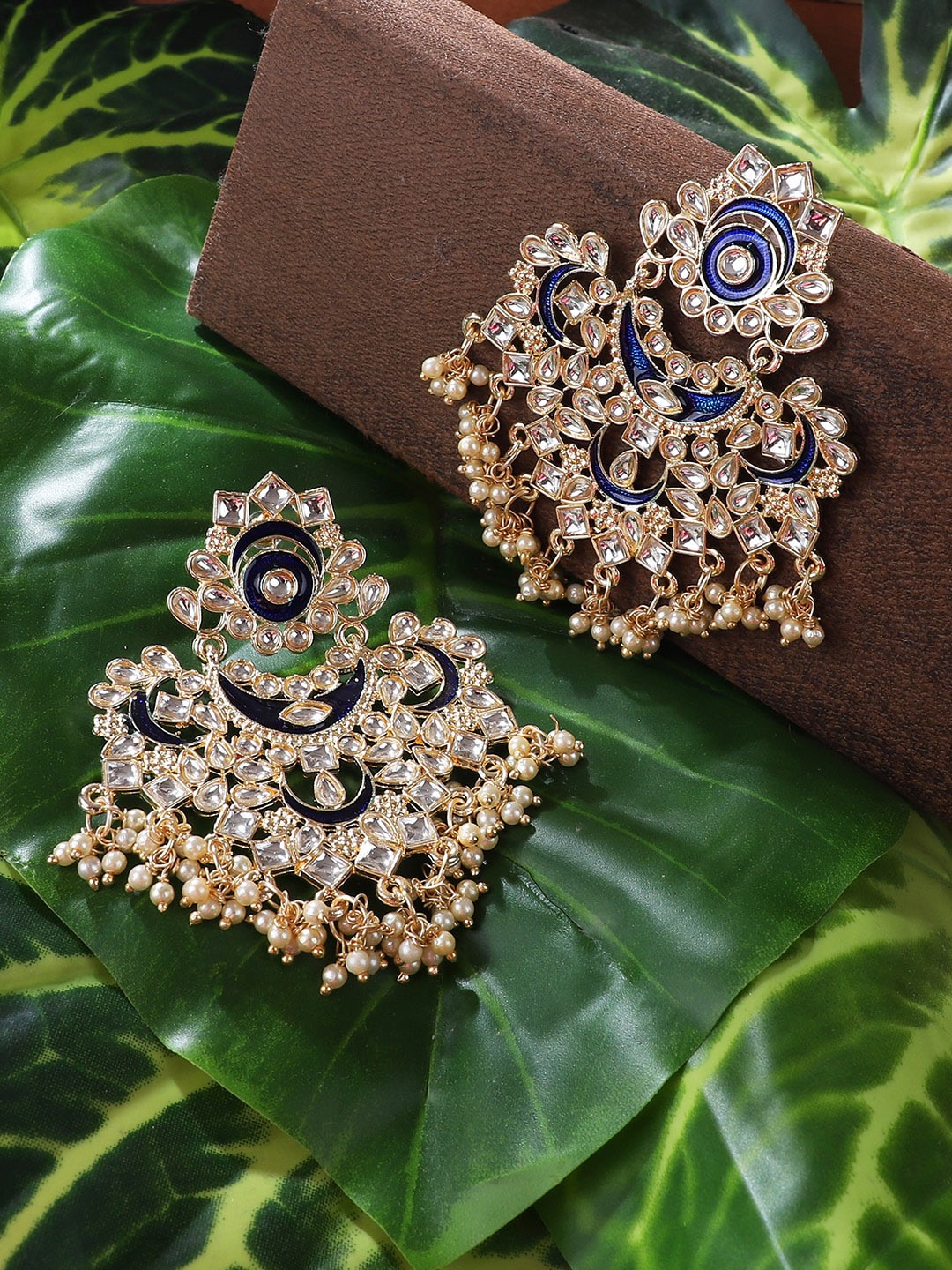 

ANIKAS CREATION Gold-Plated & Blue Crescent Shaped Chandbalis Earrings