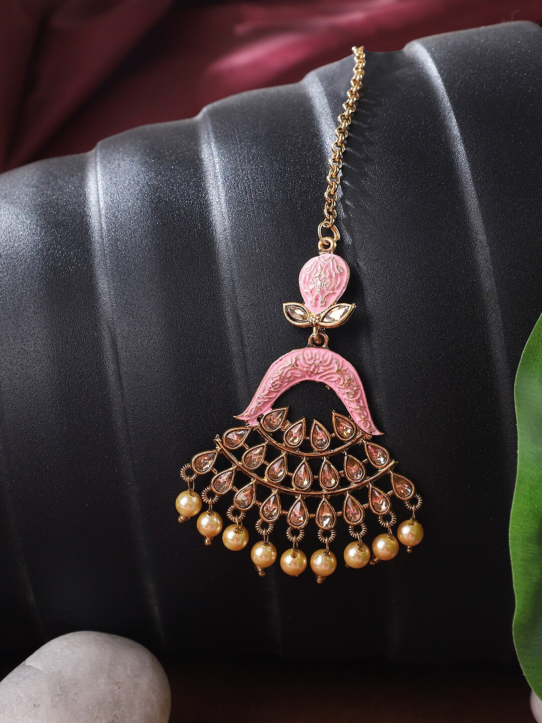 

ANIKAS CREATION Gold-Plated Pink & Beige Stone-Studded & Beaded Meenakari Maang Tikka