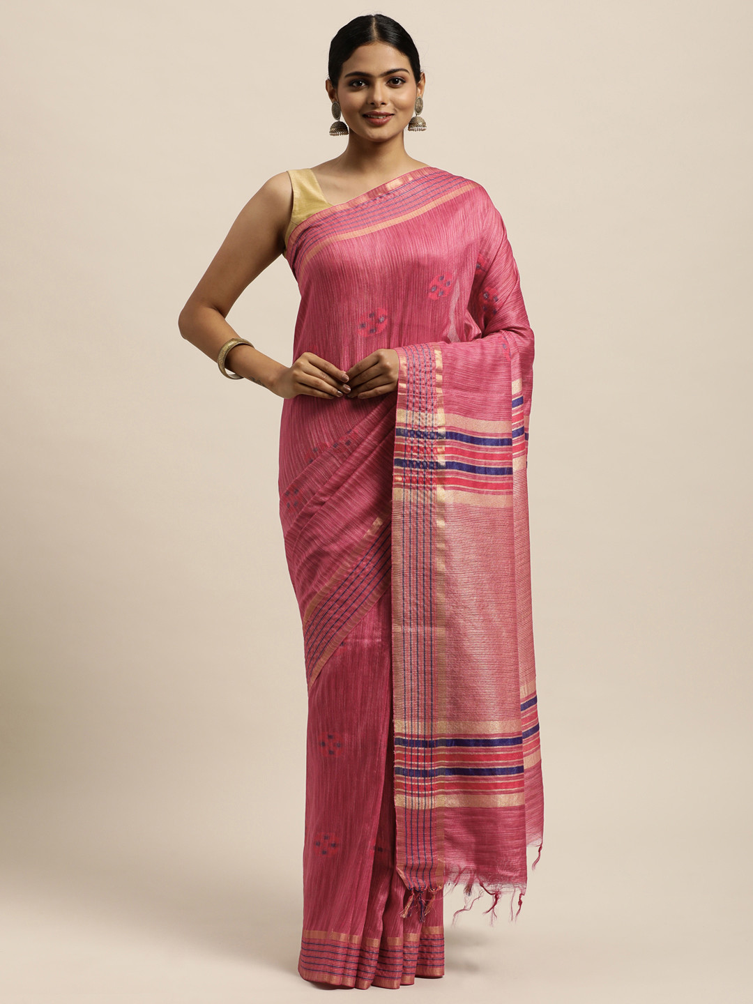 

swatika Pink Ethnic Motifs Silk Blend Handloom Bhagalpuri Saree