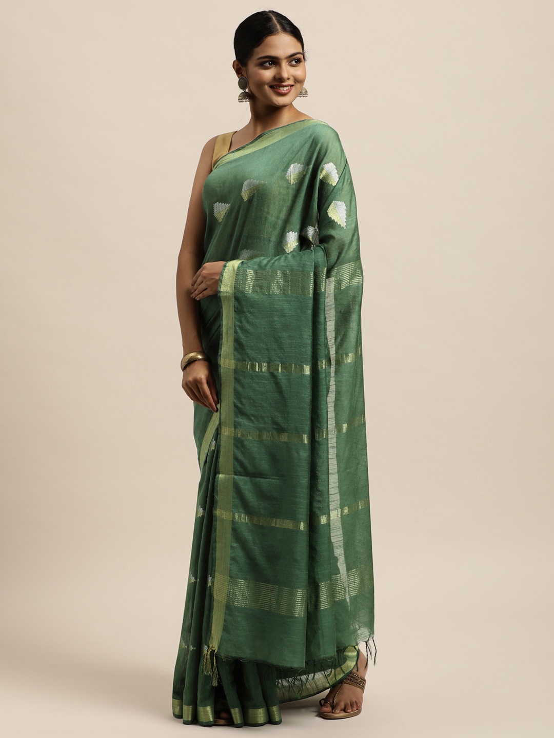 

swatika Green Ethnic Motifs Zari Silk Blend Handloom Bhagalpuri Saree