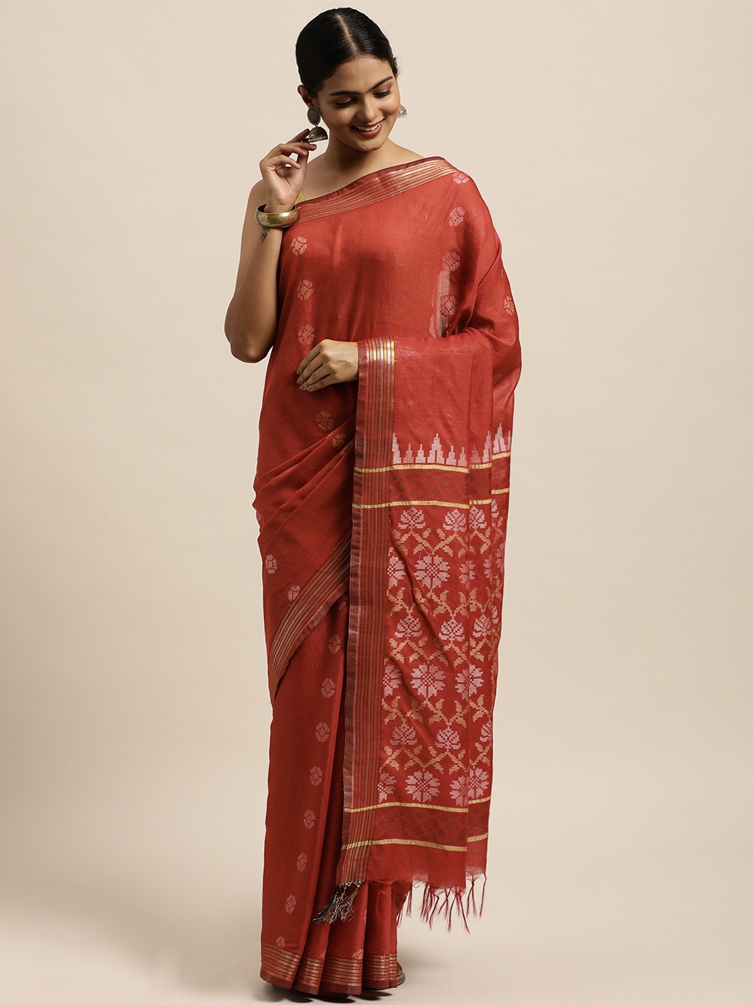 

swatika Maroon Ethnic Motifs Zari Silk Blend Handloom Bhagalpuri Saree