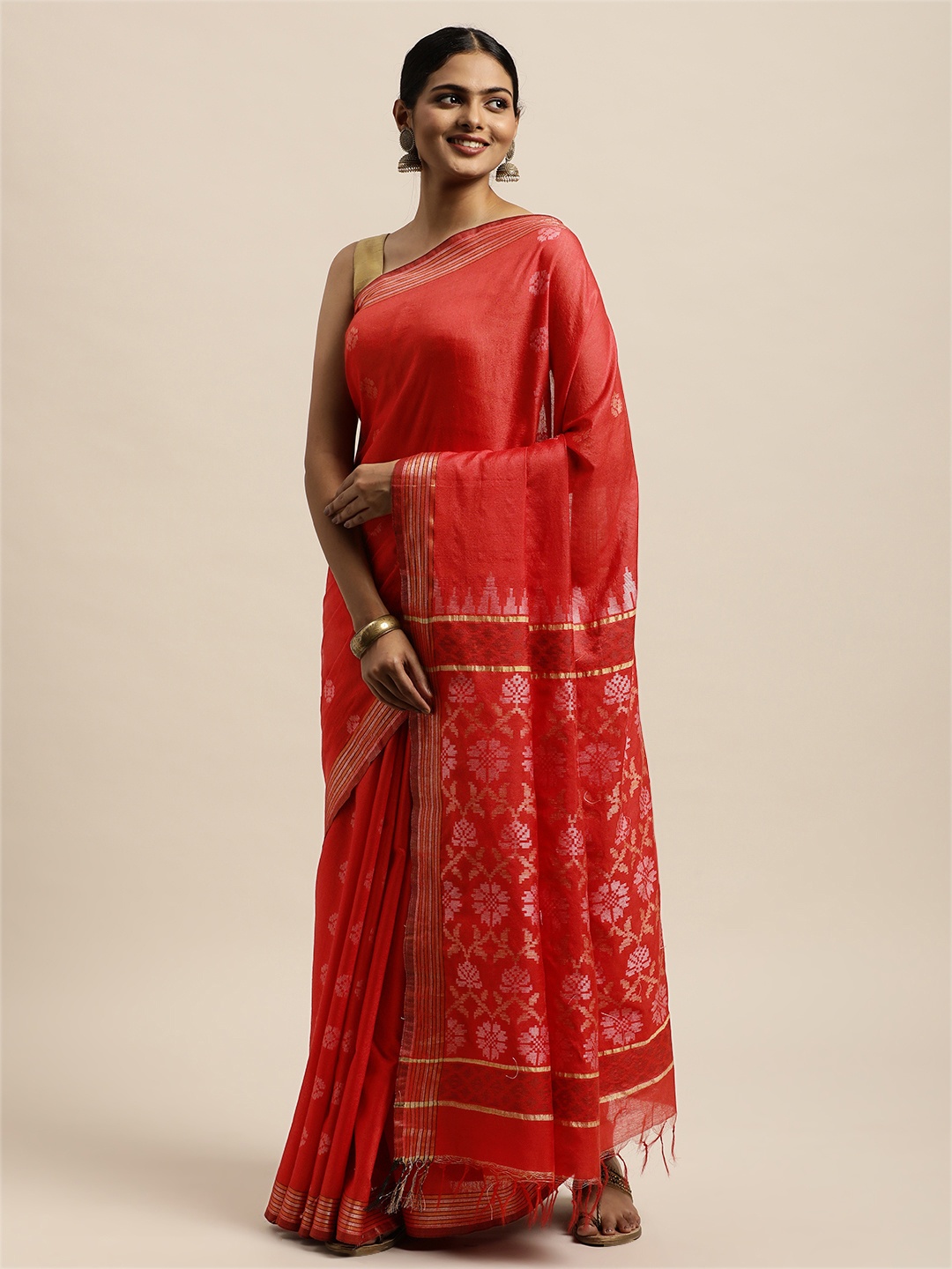

swatika Red Ethnic Motifs Silk Blend Handloom Bhagalpuri Saree