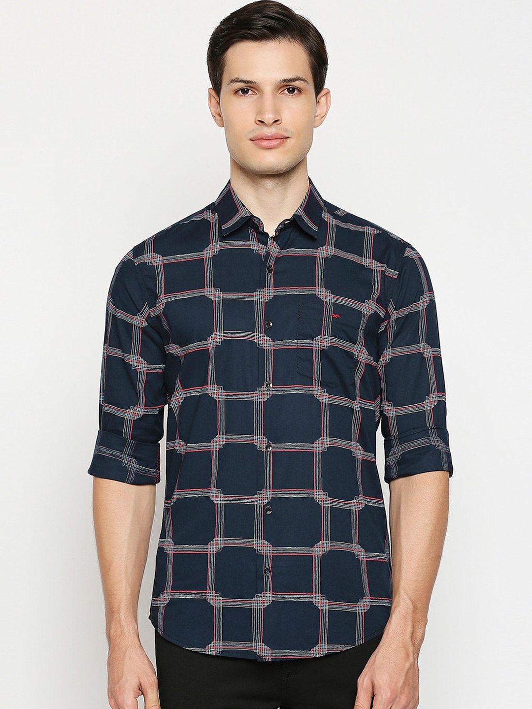 

Mufti Men Navy Blue Slim Fit Opaque Checked Casual Shirt