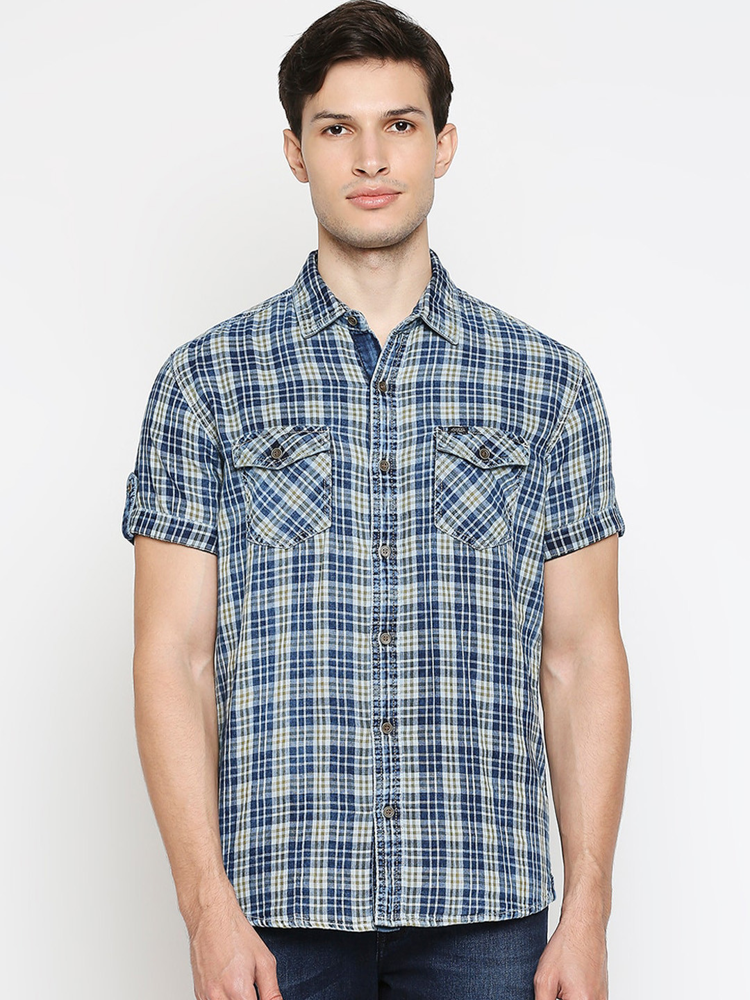 

Mufti Men Blue Slim Fit Tartan Checks Opaque Pure Cotton Checked Casual Shirt