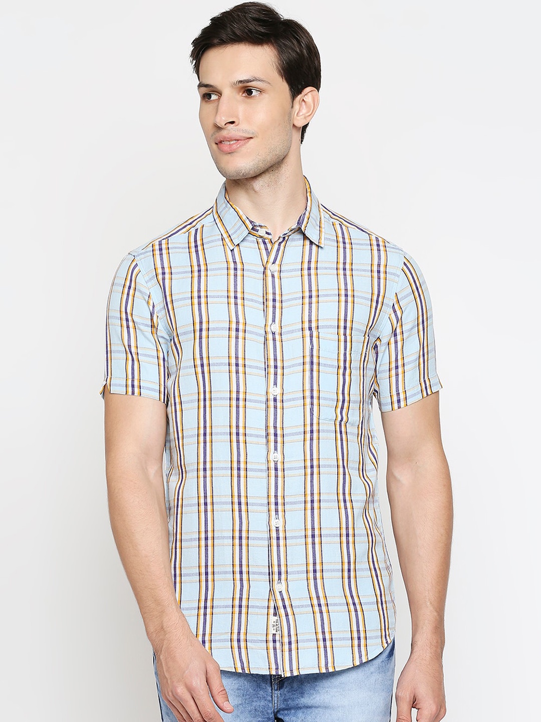 

Mufti Men Turquoise Blue Slim Fit Opaque Checked Casual Shirt