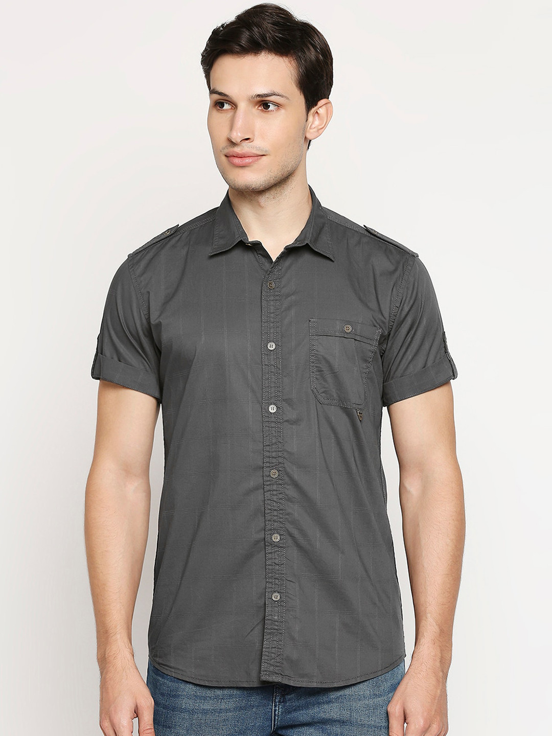 

Mufti Men Grey Slim Fit Windowpane Checks Pure Cotton Casual Shirt