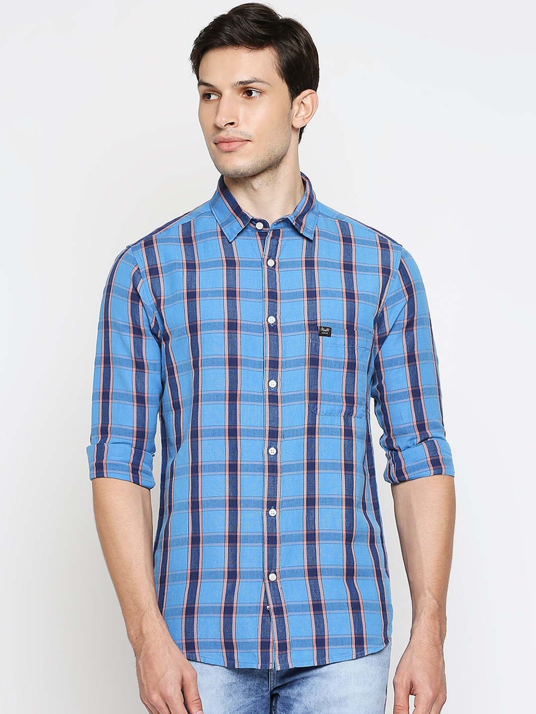 

Mufti Men Blue Slim Fit Windowpane Checks Opaque Casual Shirt