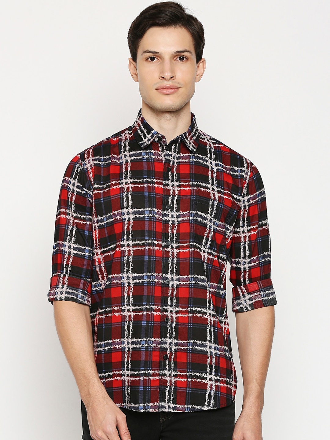 

Mufti Men Red Slim Fit Tartan Checks Pure Cotton Casual Shirt