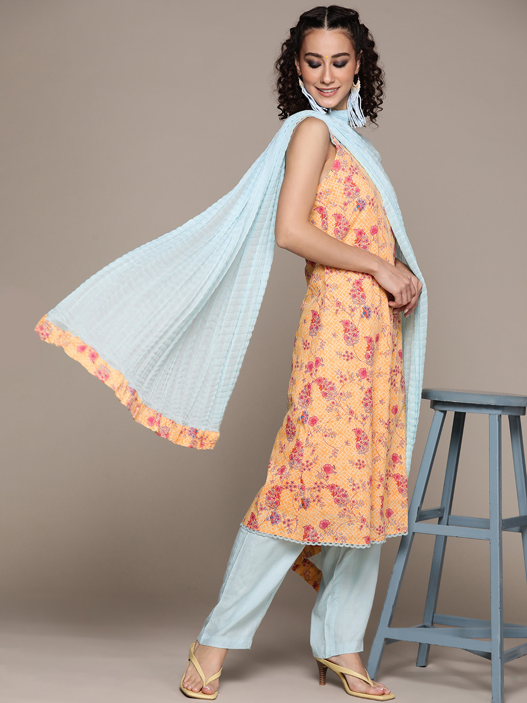 

aarke Ritu Kumar Women Yellow Floral Printed Regular Pure Cotton Kurta with Trousers & With Dupatta