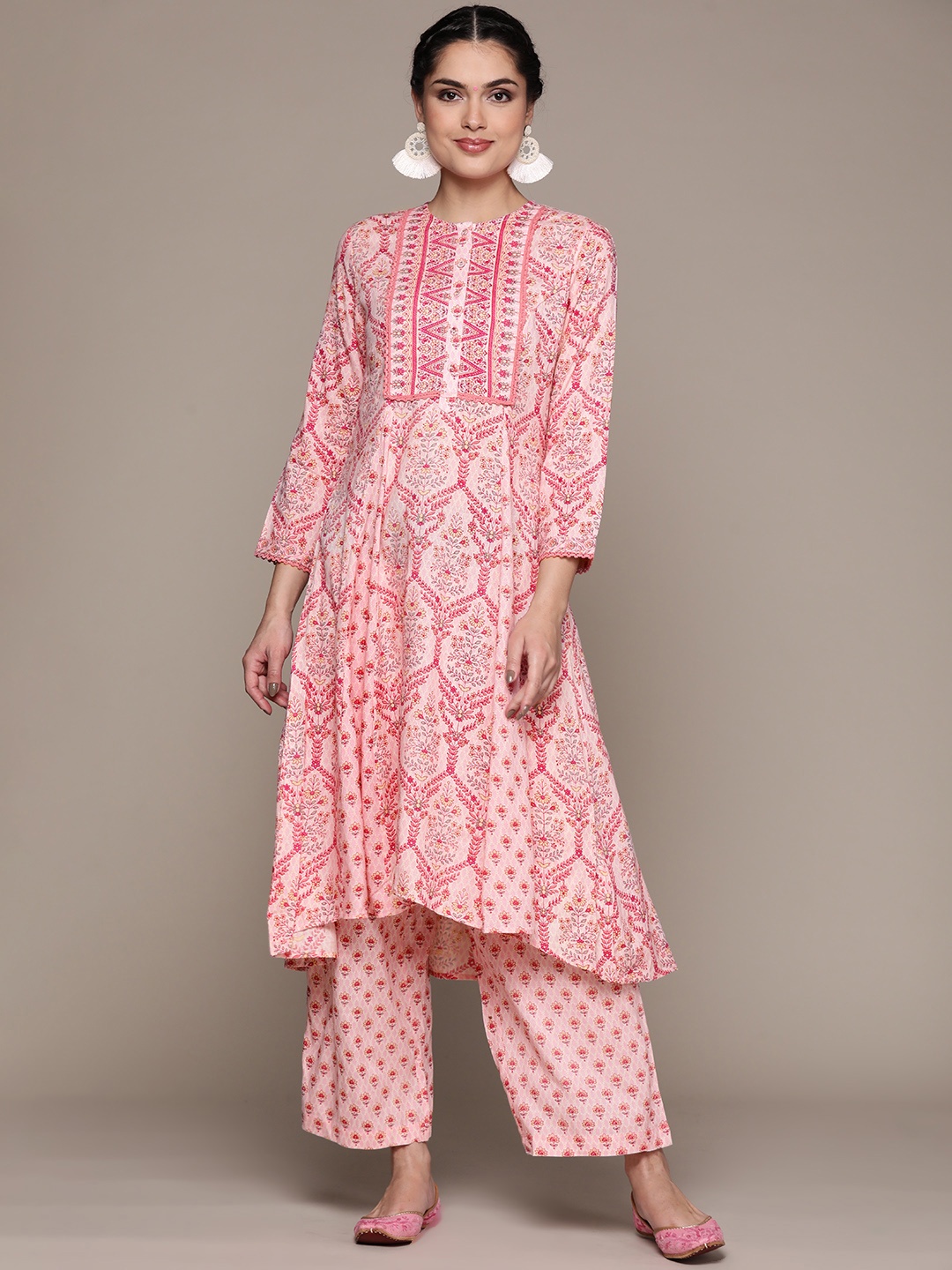 

aarke Ritu Kumar Women Pink Floral Printed Angrakha Kurta with Palazzos