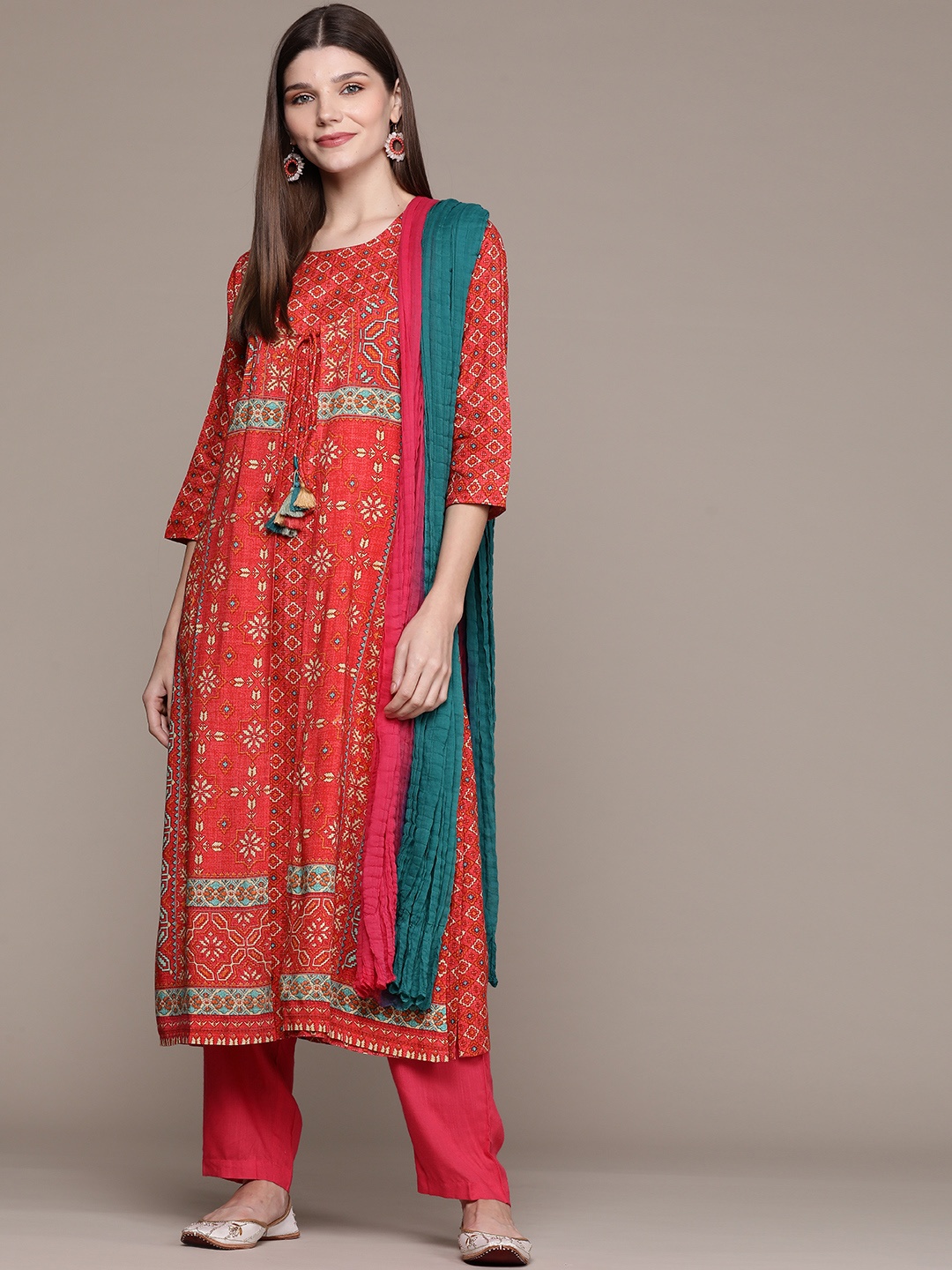 

aarke Ritu Kumar Women Red Ethnic Motifs Printed Layered Kurta with Trousers & With Dupatta