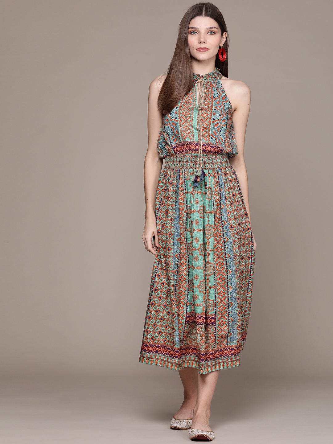 

aarke Ritu Kumar Women Green & Blue Tie-Up Neck A-Line Midi Dress