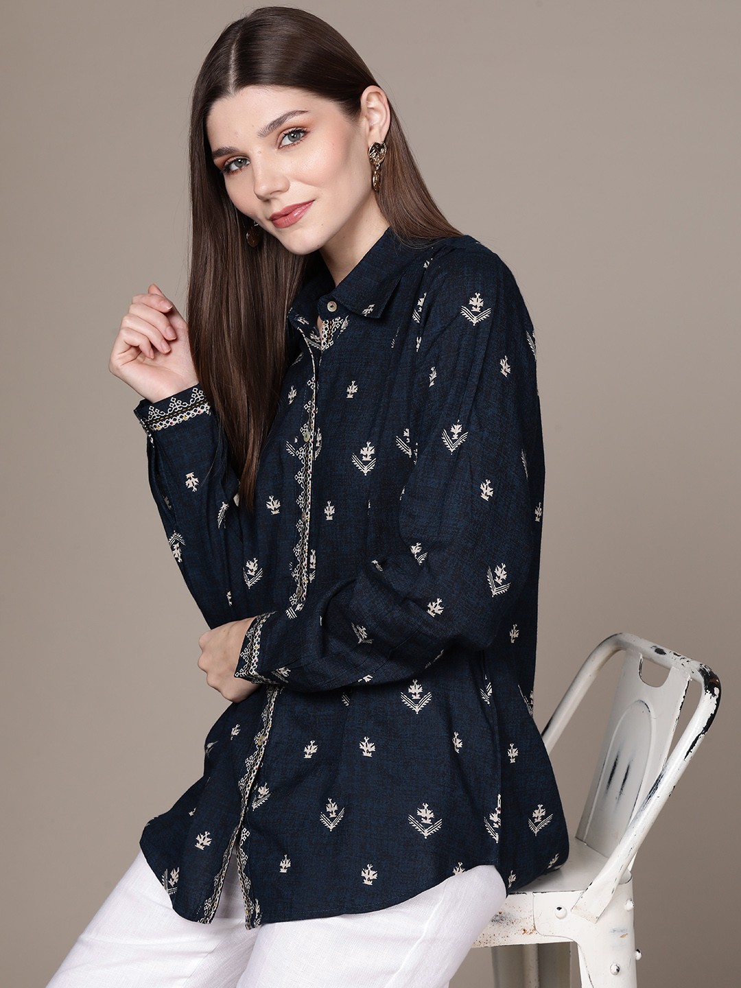 

aarke Ritu Kumar Women Navy Blue & Beige Ethnic Motifs Print Casual Shirt