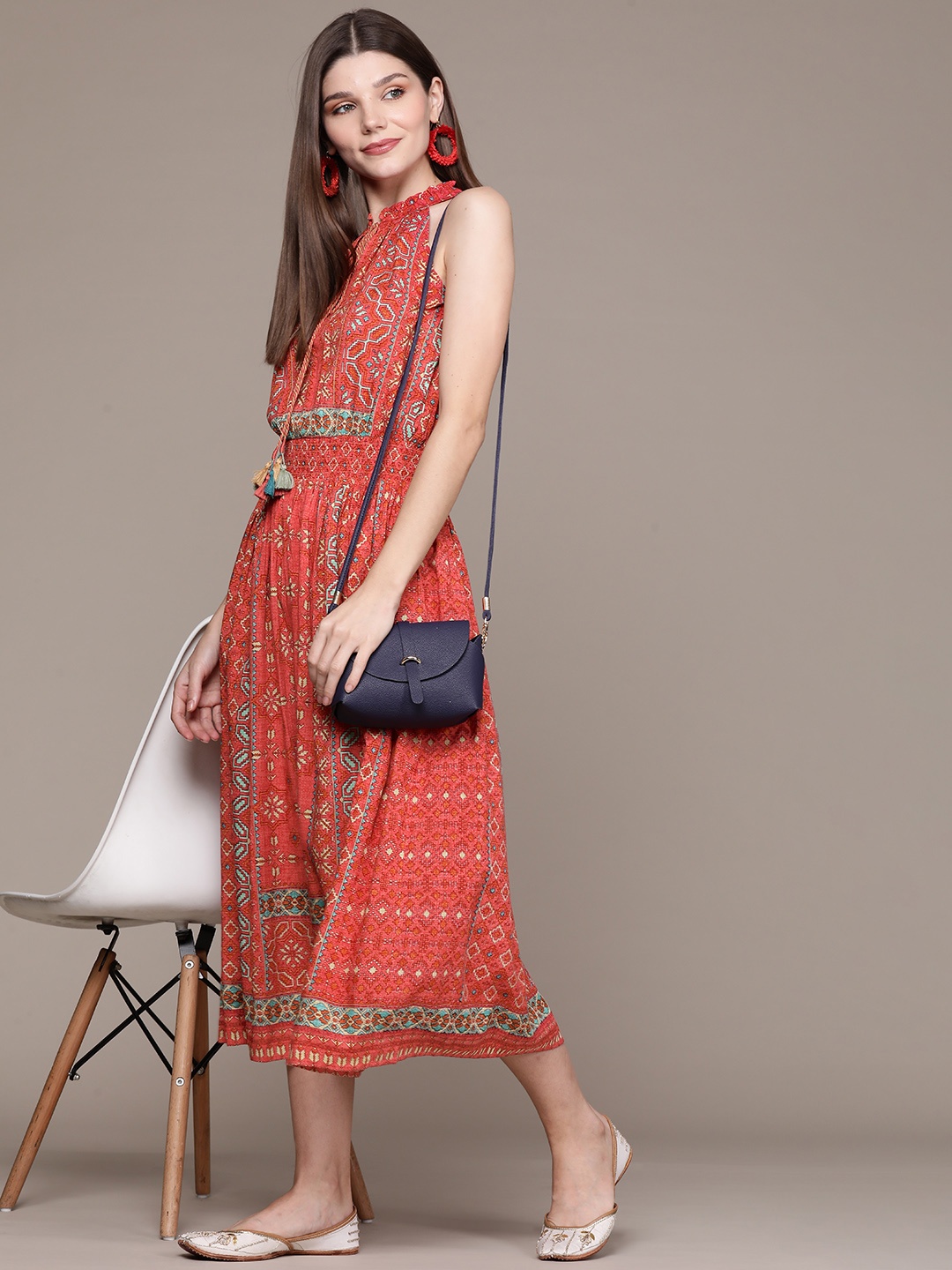 

aarke Ritu Kumar Women Rust Red & Off-White Tie-Up Neck A-Line Midi Dress