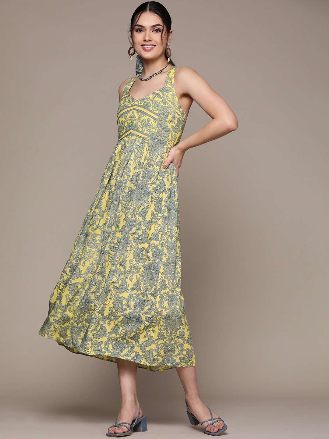 

aarke Ritu Kumar Yellow Floral A-Line Midi Dress