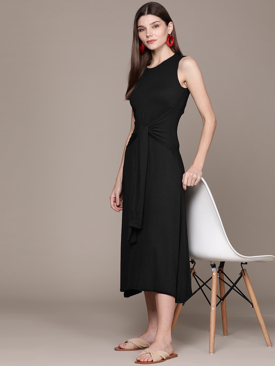 

Label Ritu Kumar Black A-Line Midi Dress with Tie-Up Detail