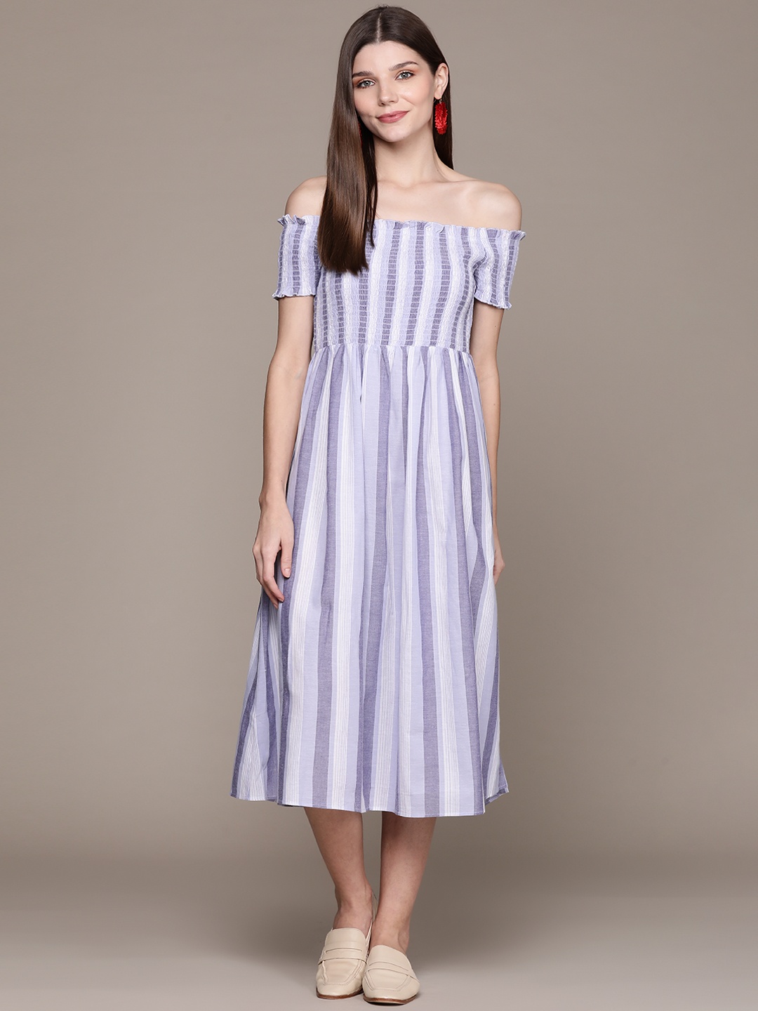 

Label Ritu Kumar Purple & White Striped Smocked Off-Shoulder Midi Dress