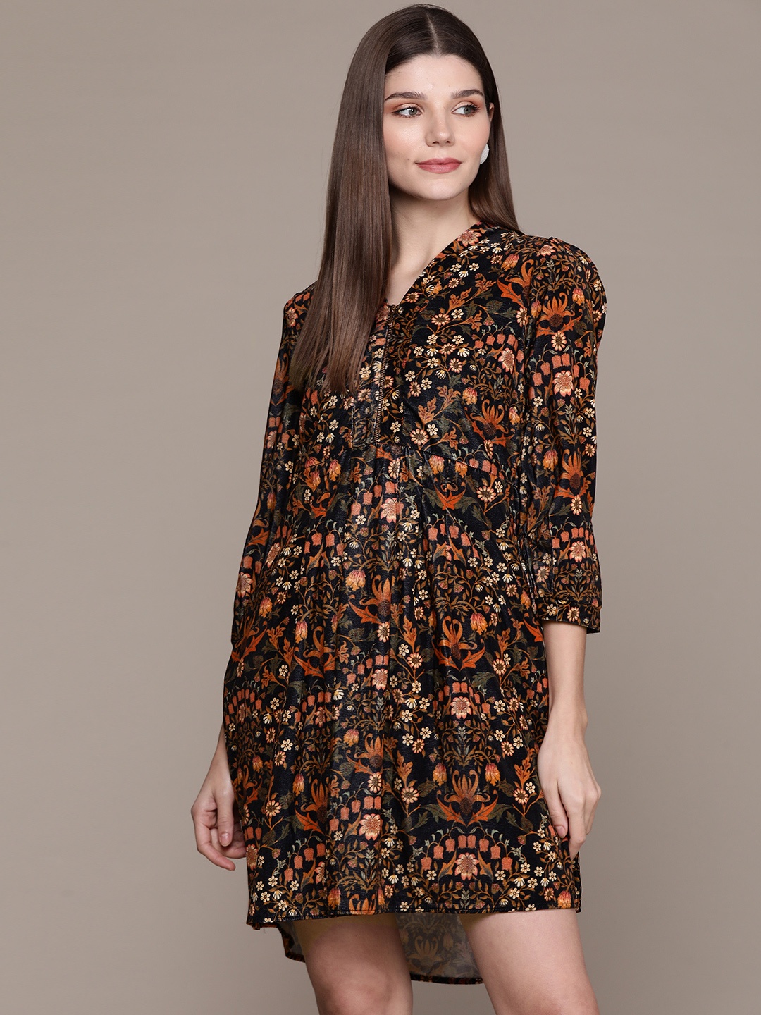 

Label Ritu Kumar Black & Multicoloured Floral Velvet Dress