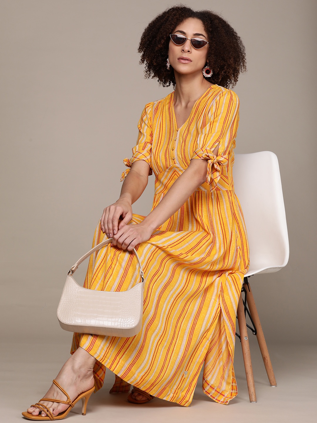 

Ritu Kumar Yellow Striped A-Line Midi Dress