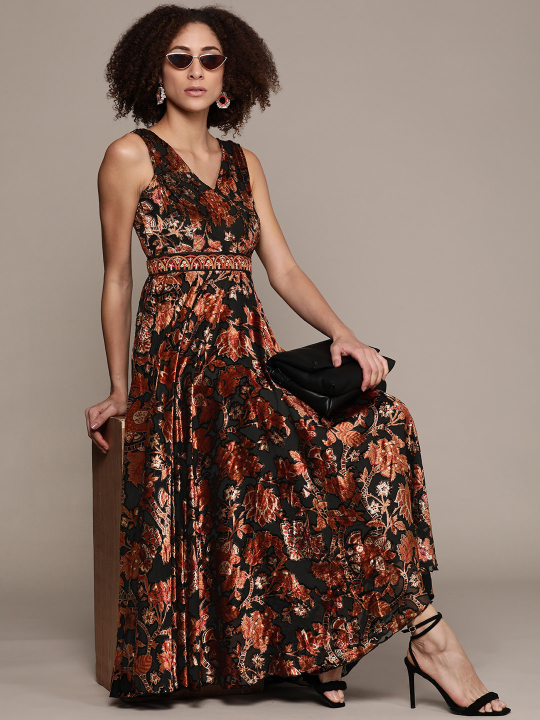 

Ritu Kumar Black & Copper-Toned Floral Velvet A-Line Maxi Dress
