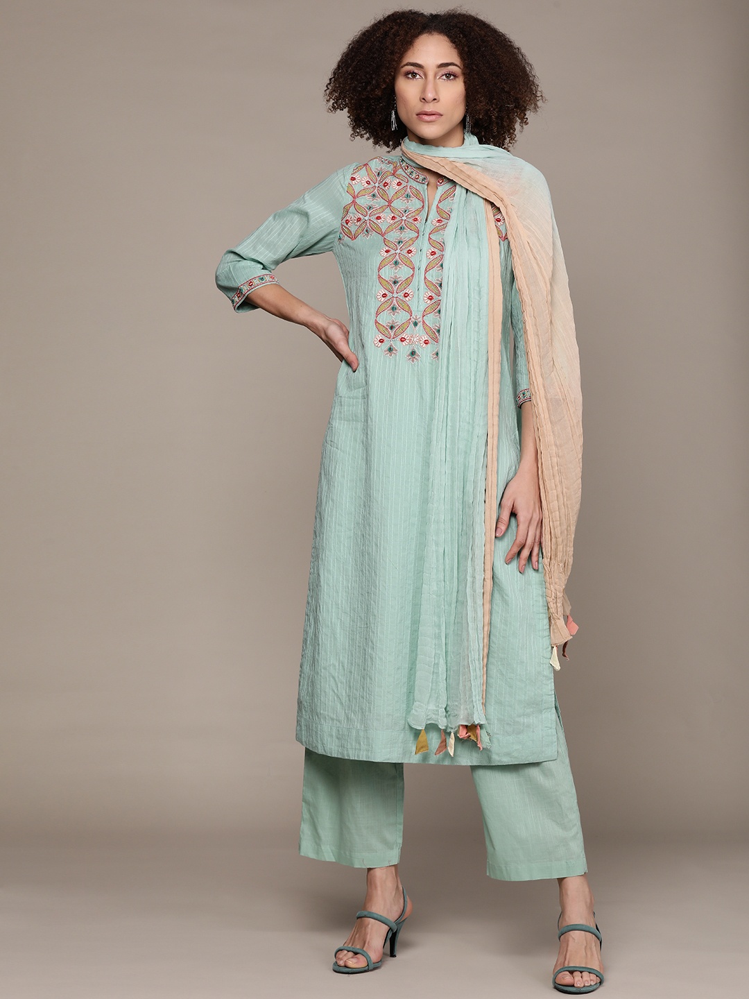 

Ritu Kumar Women Sea Green Floral Yoke Design Regular Pure Cotton Kurta with Palazzos & With Dupatta