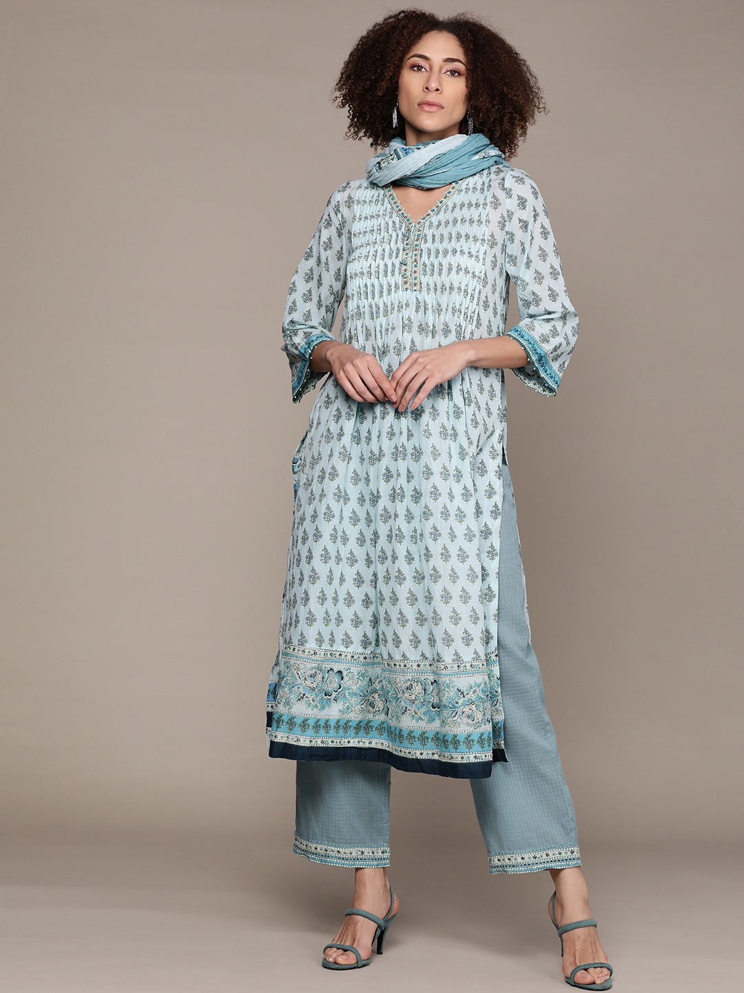 

Ritu Kumar Women Blue Ethnic Motifs Printed Pleated Kurta with Palazzos & With Dupatta