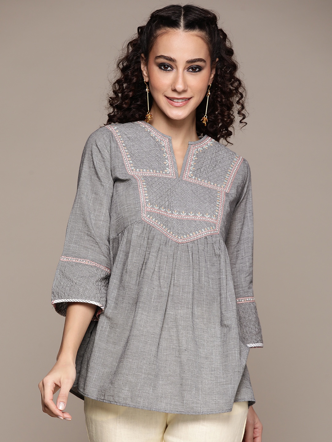 

Ritu Kumar Grey Embroidered Pure Cotton Kurti