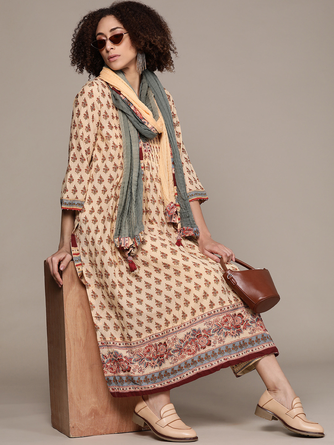 

Ritu Kumar Women Beige Ethnic Motifs Printed Pleated Kurta with Palazzos & With Dupatta