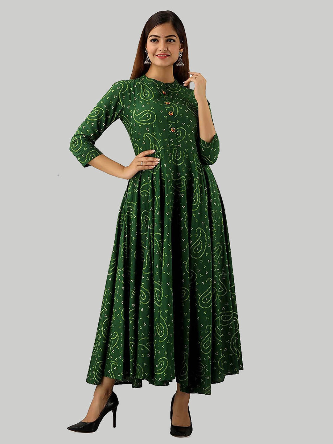 

DIVYANK Women Green & Yellow Bandhani Printed Anarkali Kurta