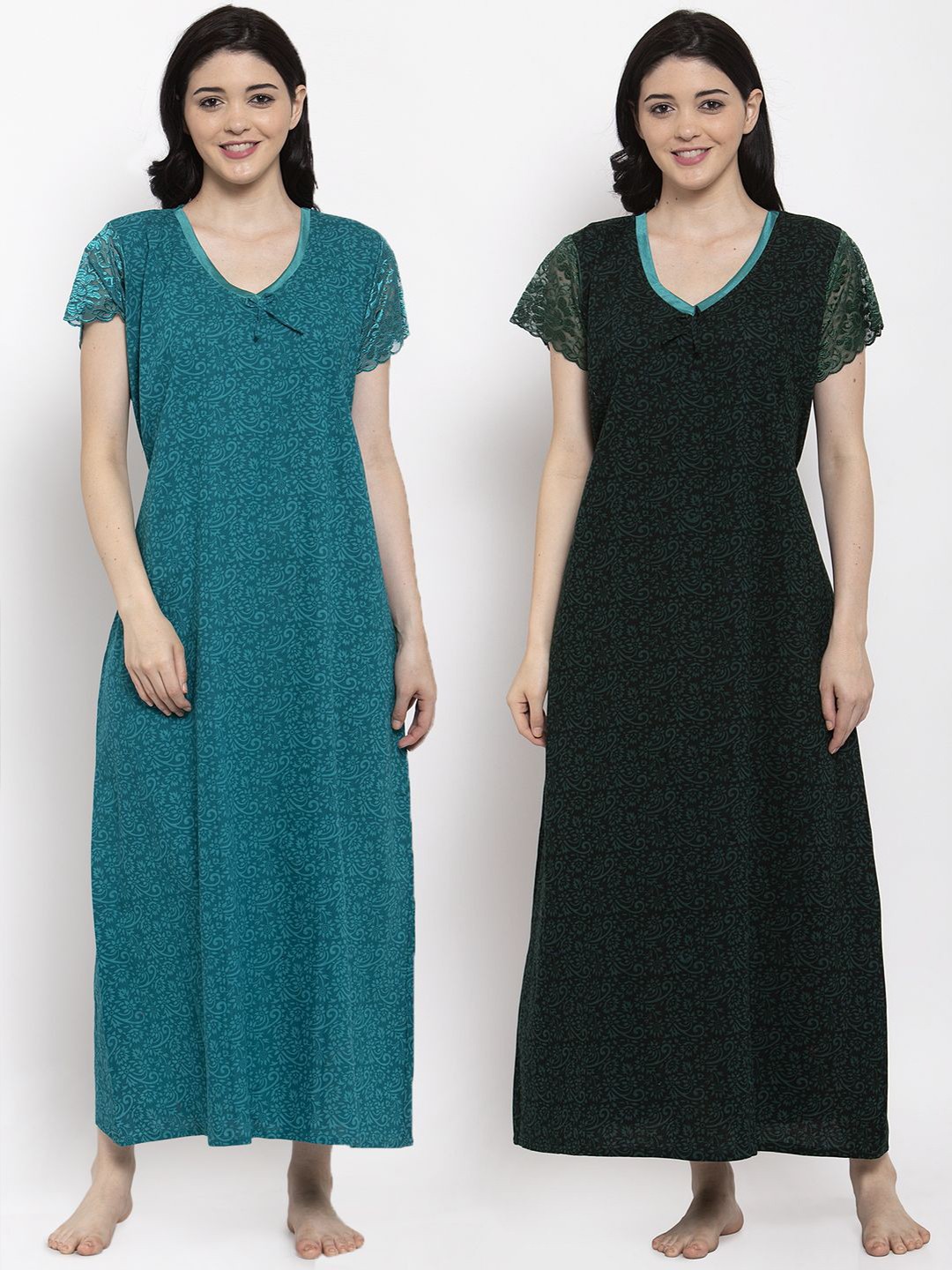 

Secret Wish Pack of 2 Turquoise Blue & Green Maxi Pure Cotton Nightdress