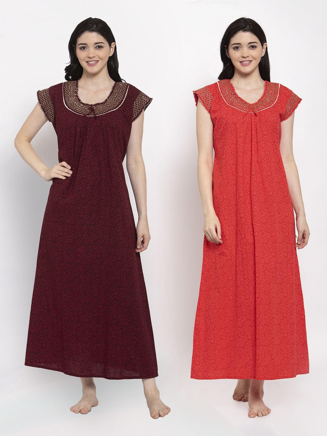 

Secret Wish Women Pack Of 2 Brown & Red Printed Maxi Nightdress