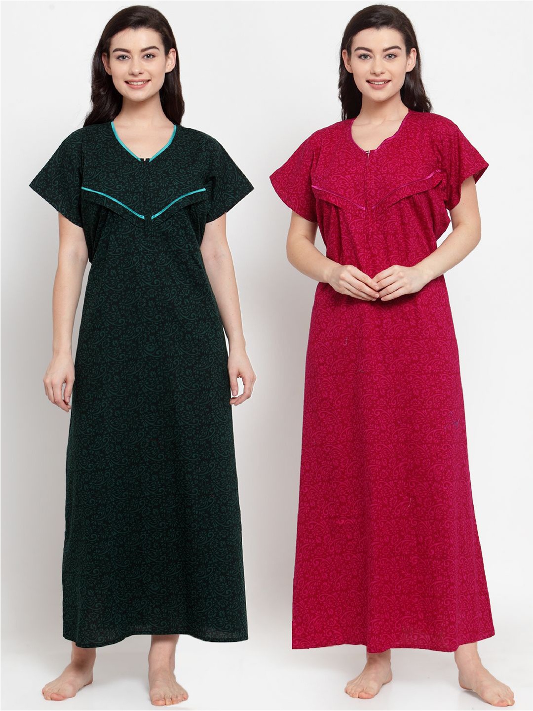 

Secret Wish Pack of 2 Green & Pink Printed Pure Cotton Maxi Nightdress