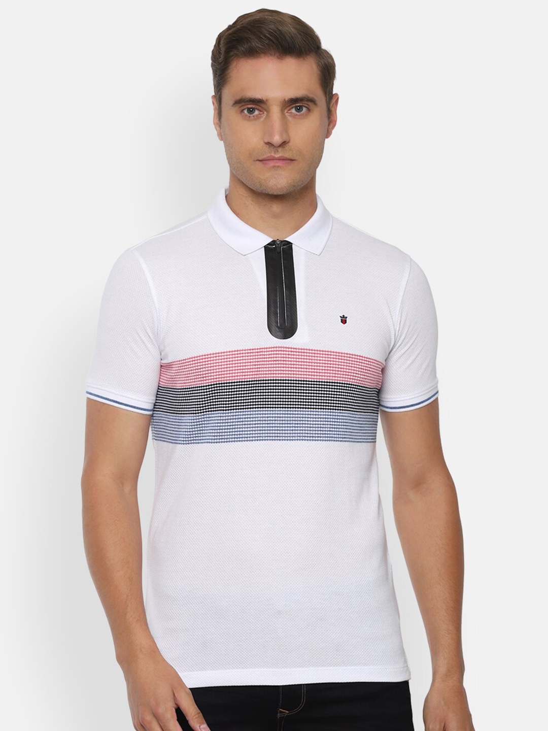 

Louis Philippe Sport Men White Striped Pure Cotton Polo Collar Pure Cotton T-shirt