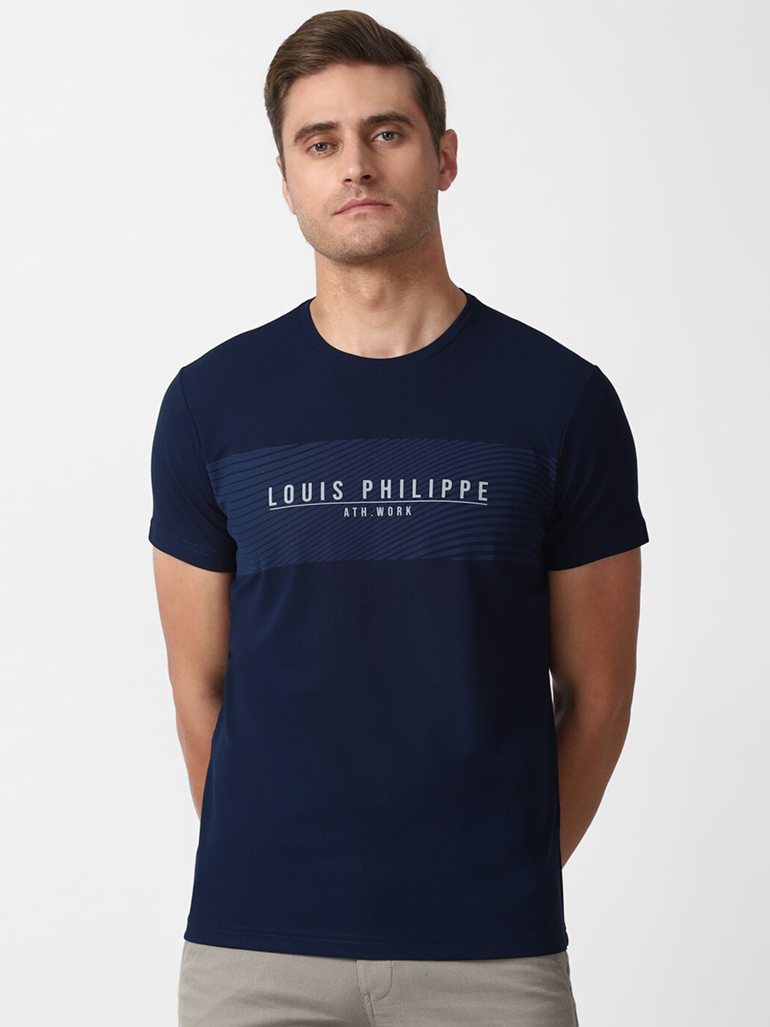 

Louis Philippe Sport Men Navy Blue White Typography Printed Pure Cotton T-shirt