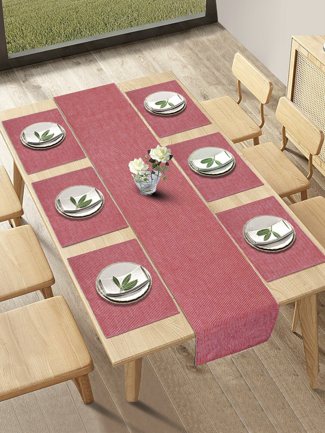 

HOKIPO Cotton Ribbed Heat Resistant Dining 7 Pieces Table Mats with Runner, Red