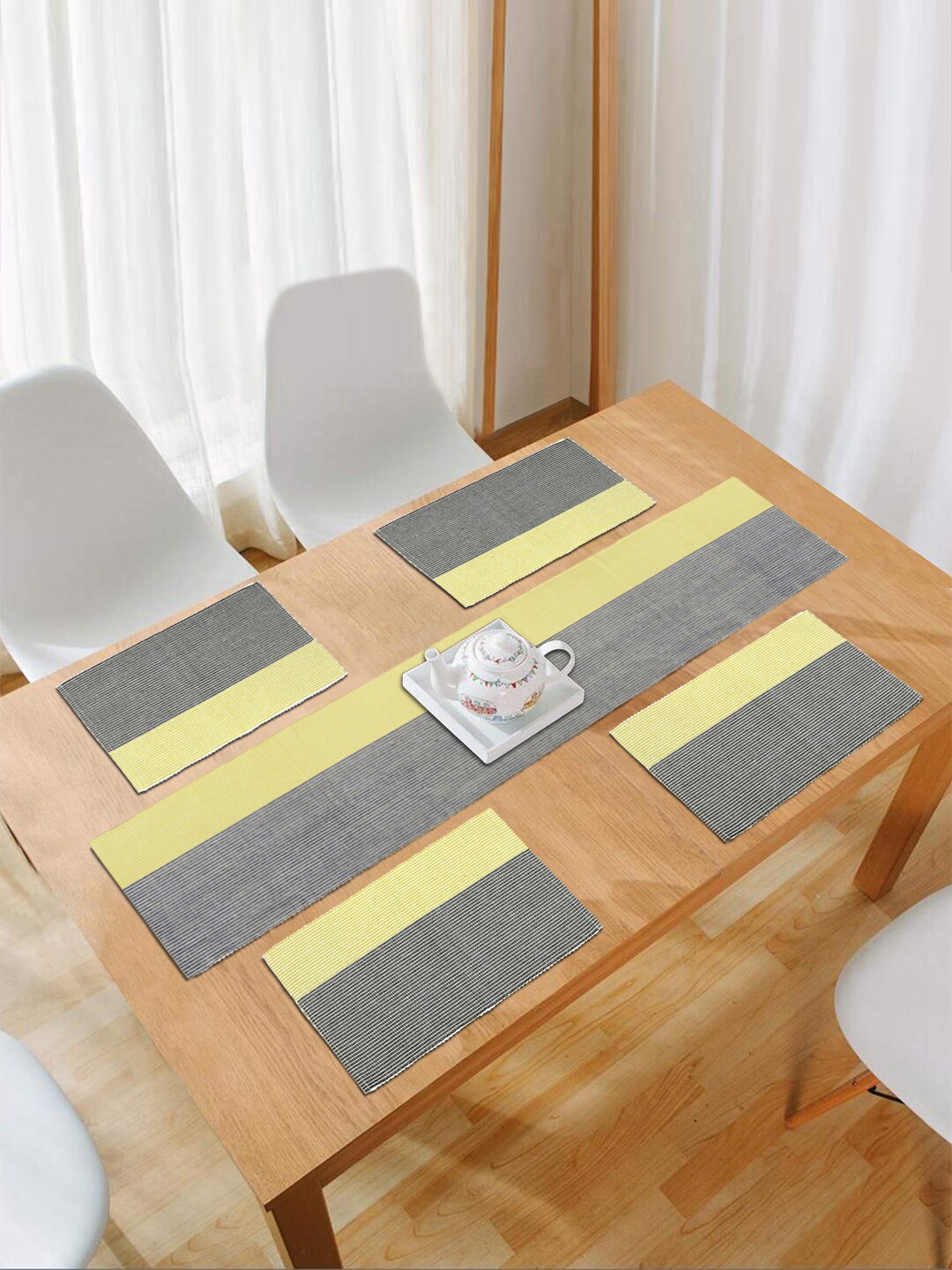 

HOKIPO Cotton Ribbed Heat Resistant 5 Pieces Table Mats with Runner, Yellow