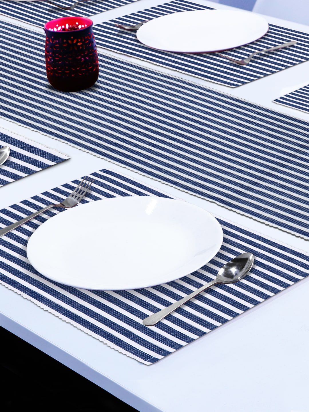 

HOKIPO Cotton Ribbed Washable 7 Pieces Table Mats with Runner, Blue