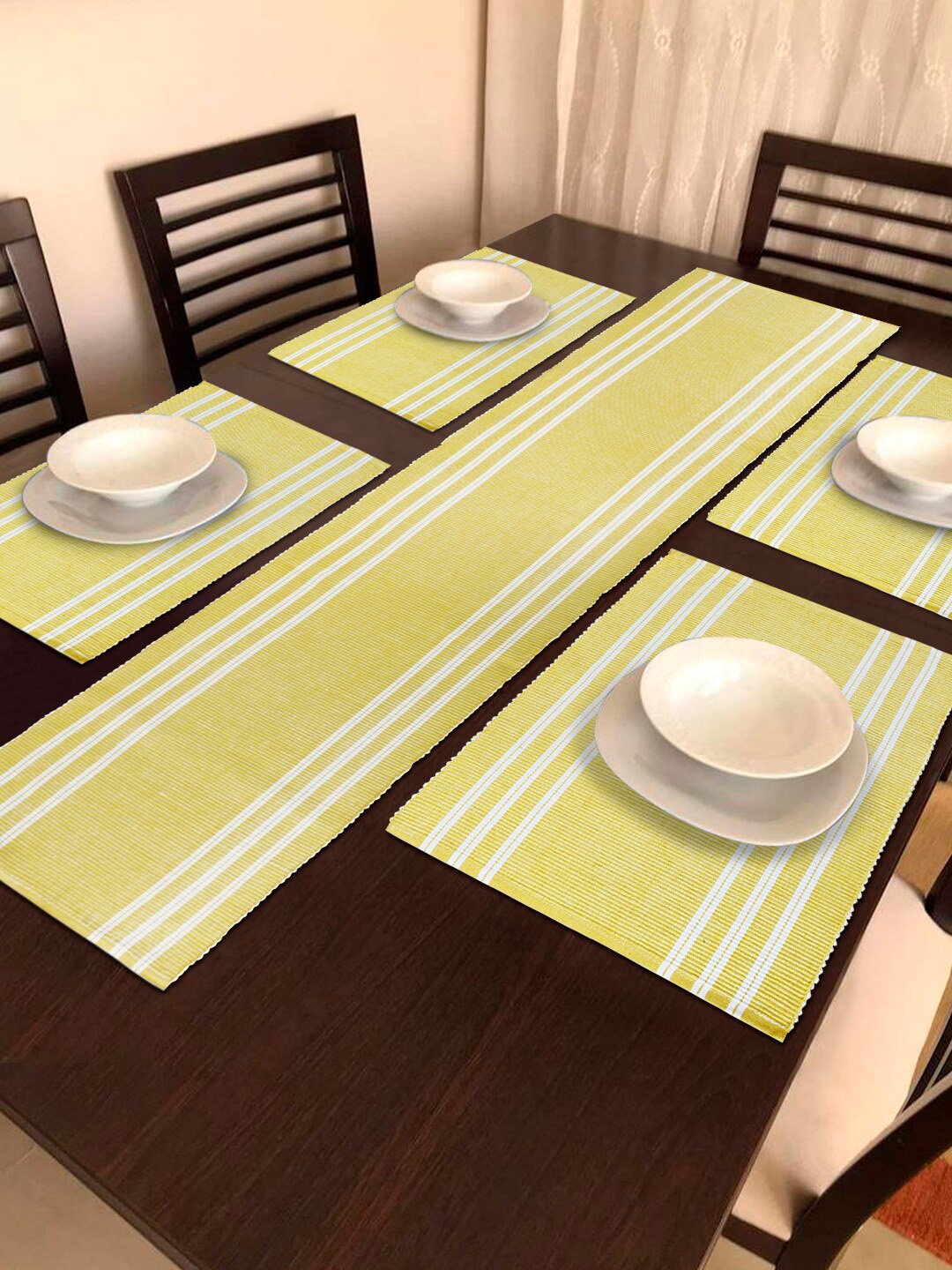 

HOKIPO 5 Pieces Cotton Ribbed Washable Table Mats with Runner, Yellow