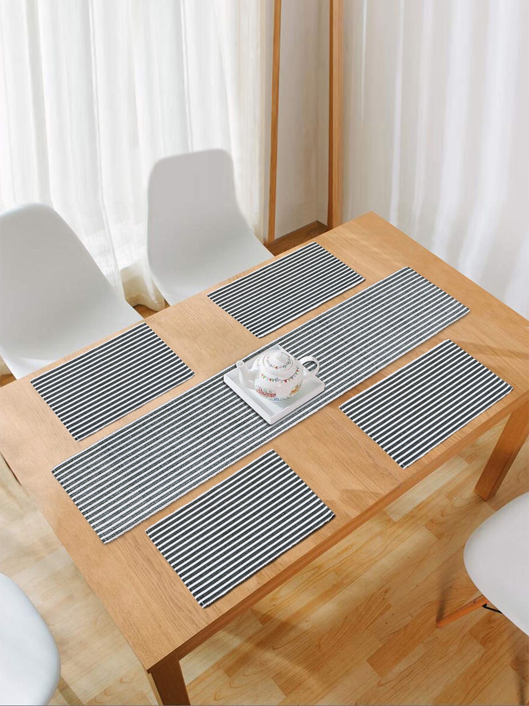 

HOKIPO 5 Pieces Cotton Ribbed Heat Resistant Dining Table Mats with Runner, Grey