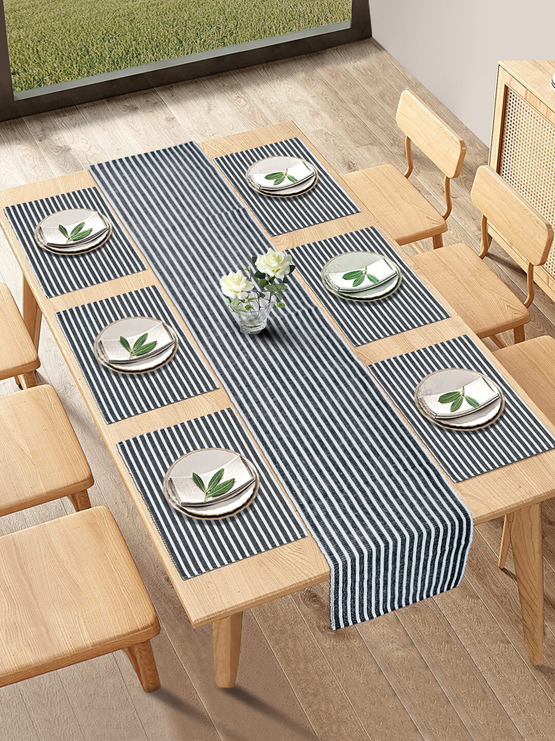 

HOKIPO Grey Cotton Ribbed Heat Resistant Dining 7 Pieces Table Mats with Runner